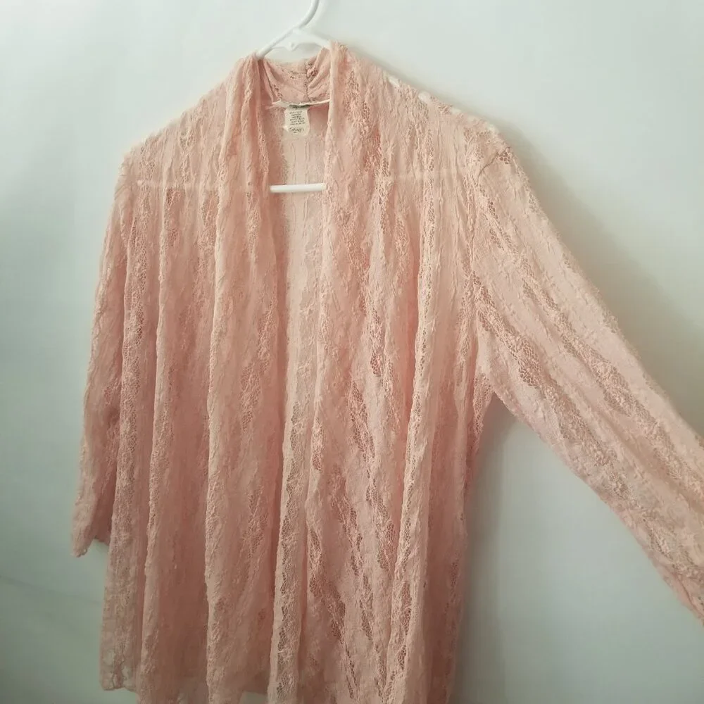 Vtg Keren Hart Women M Peach Lace Knit 3/4 Long Sleeve Lightweight Open Cardigan - Picture 3 of 13